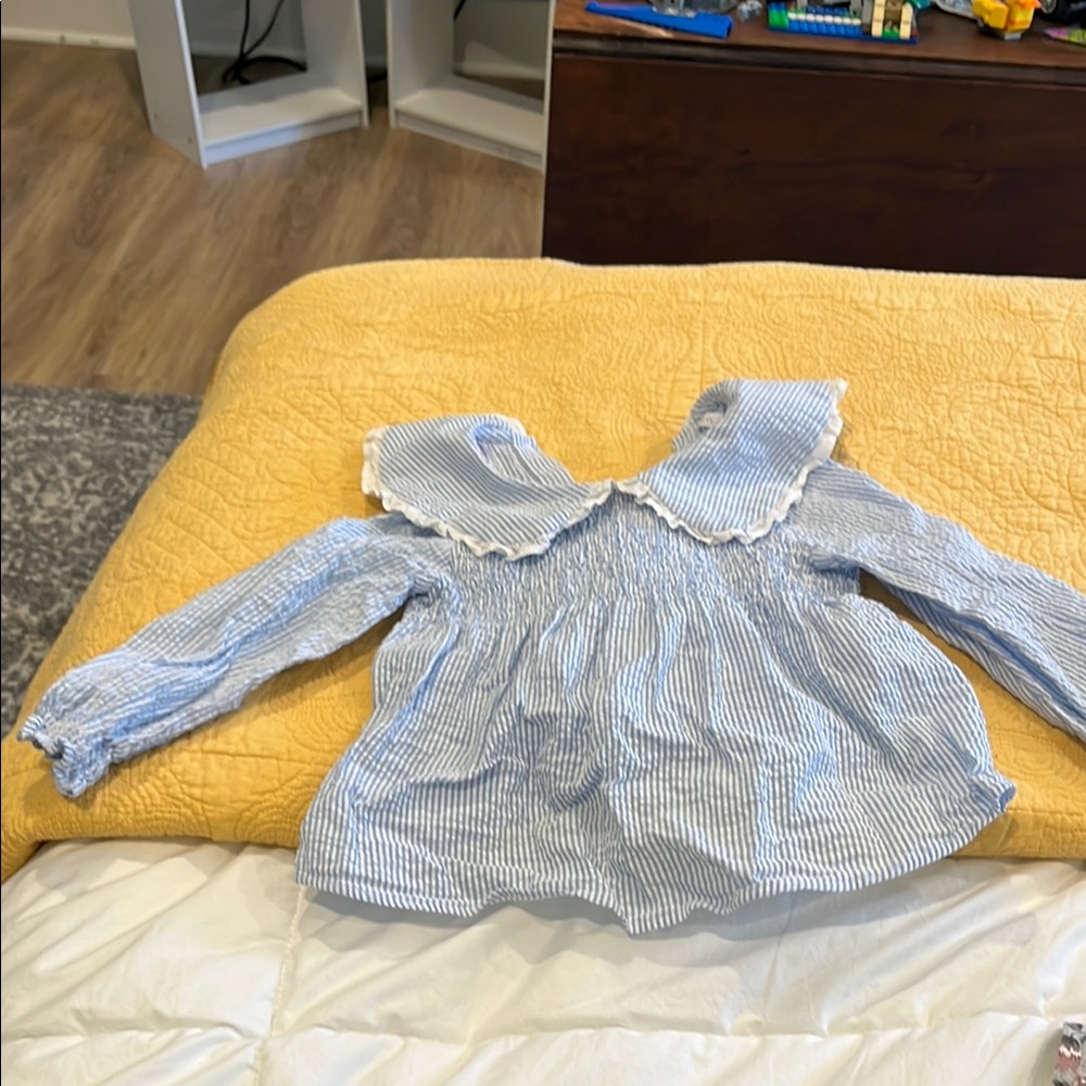 Zara Blue and White Blouse with Ruffle Neckline and Gathered Sleeves